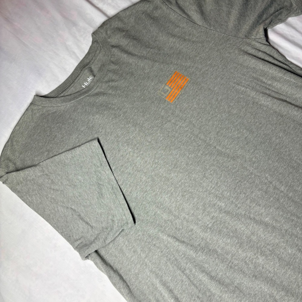 Huk Fishing Shirt Mens Large Gray Orange American Flag Graphic Tee Short Sleeve